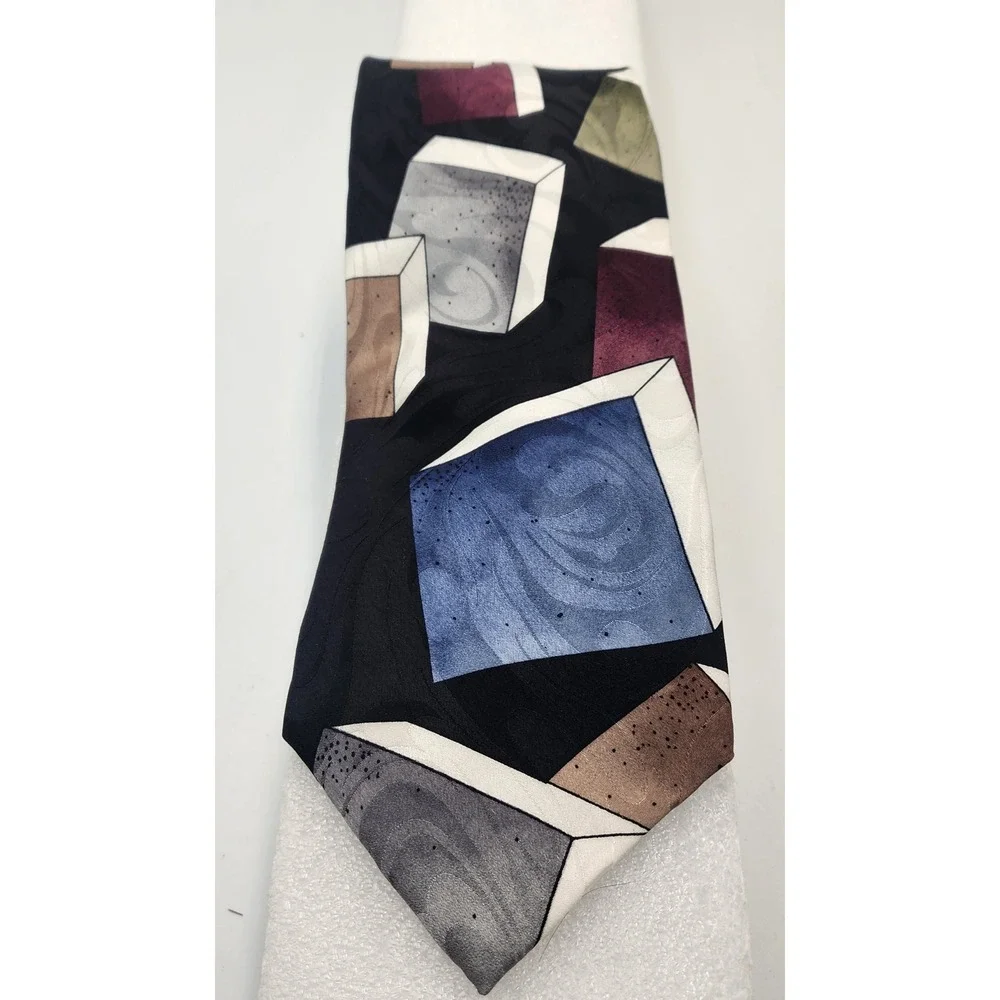 Alexander Lloyd Geometric Cube Pattern Black Silk Imported Men's Necktie